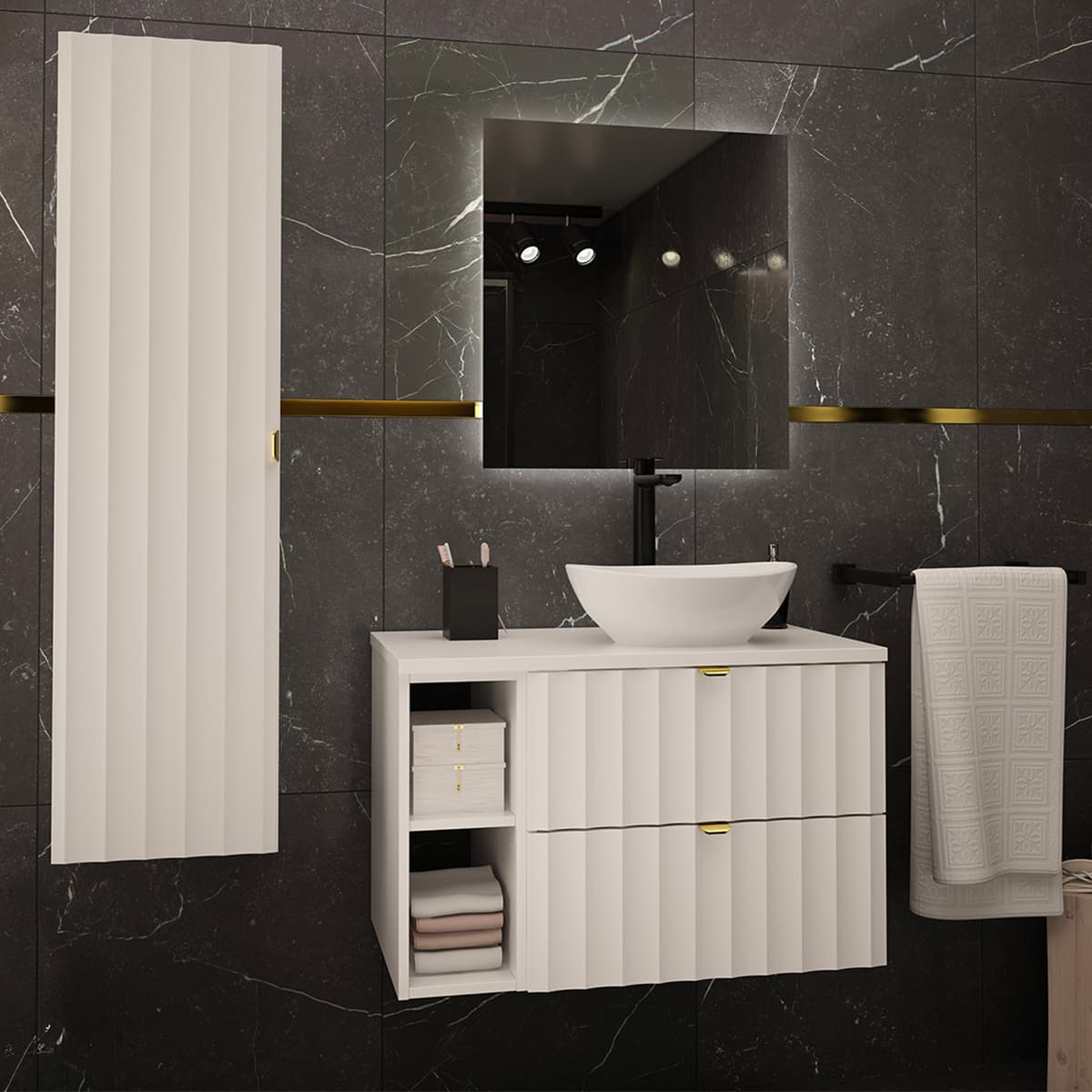 Ensemble meuble simple vasque 80cm 2 niches et colonne Lexa Blanc