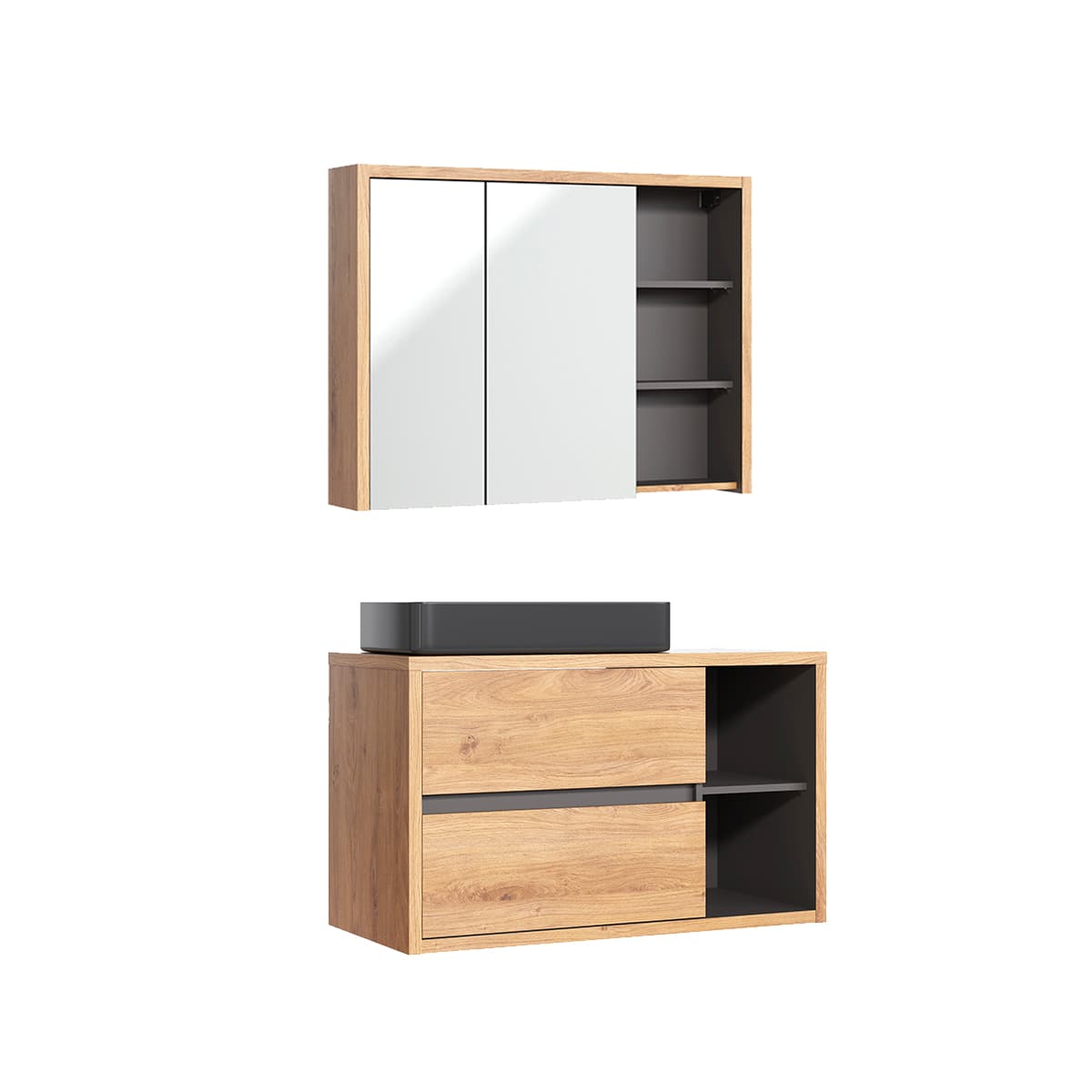 Ensemble meuble simple vasque 100cm et armoire murale Rigel Bois et Anthracite