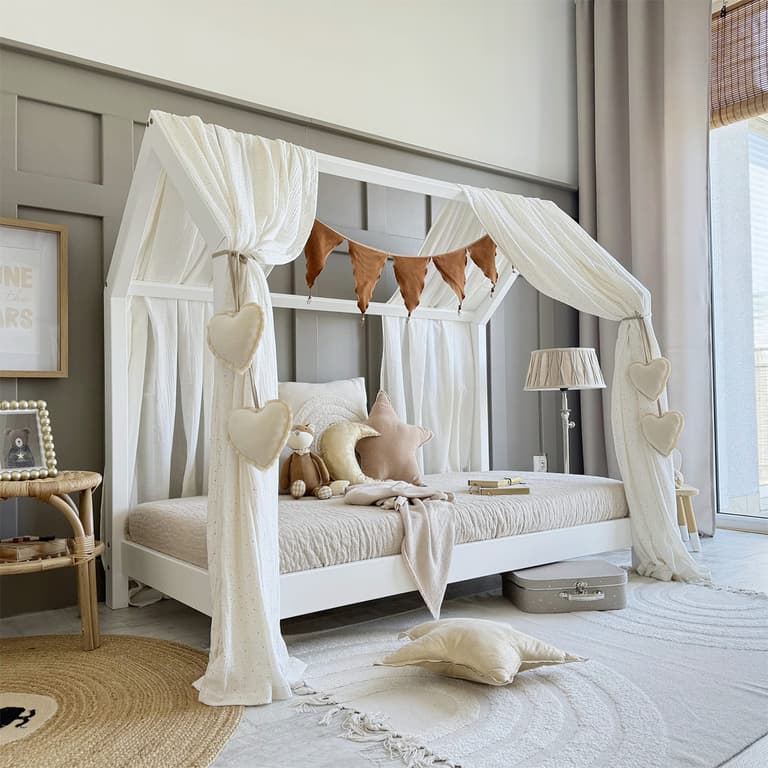 Ciel de lit en mousseline double pour 90x190 Blanc et or