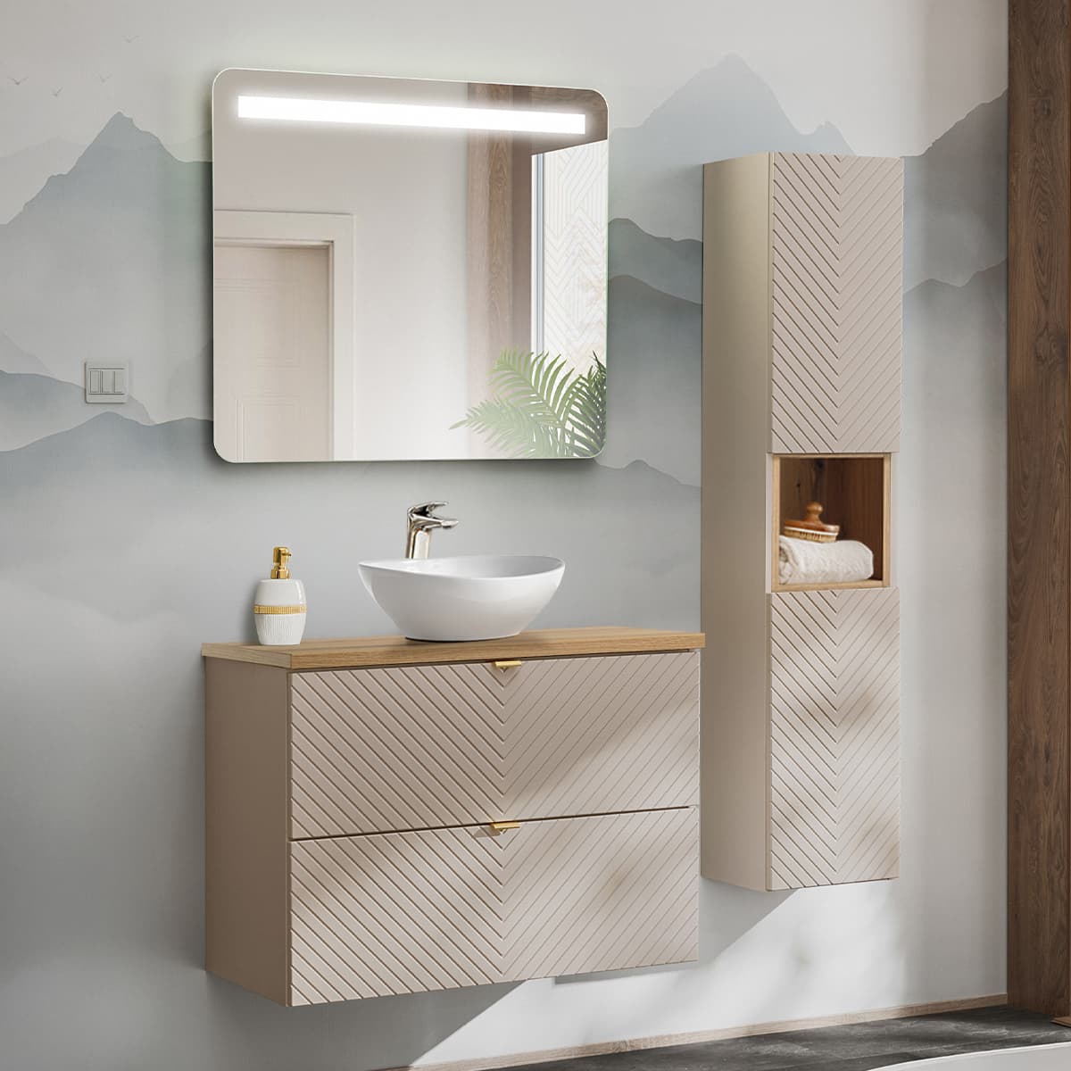 Ensemble meuble simple vasque 80cm 2 tiroirs miroir LED et colonne Manoa Cachemire et Bois