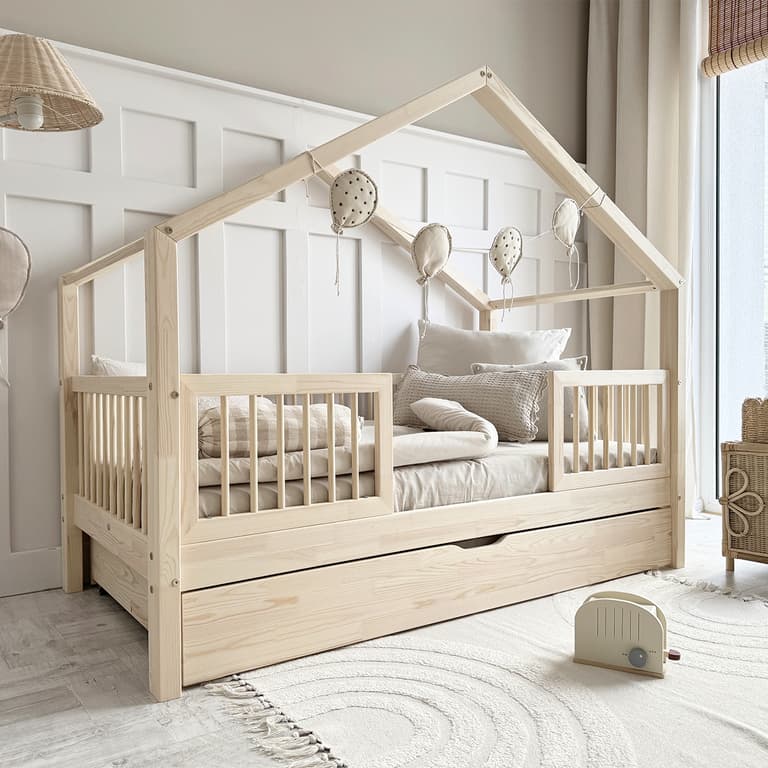 Lit cabane 90x200 barrières sommier et tiroir inclus Rosalie Bois