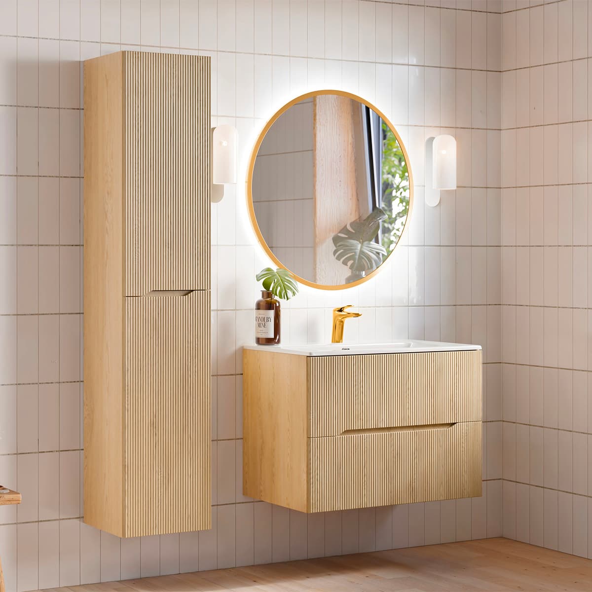 Ensemble meuble simple vasque encastrée 80cm et colonne Isaline Bois