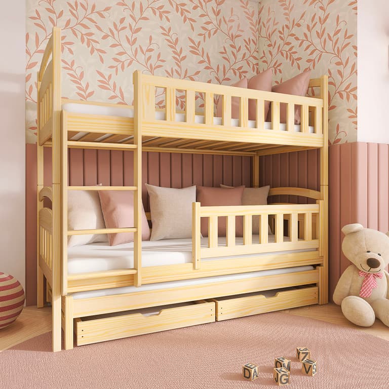 Lit superposé 90x190 sommier lit gigogne et tiroirs inclus Jules Bois