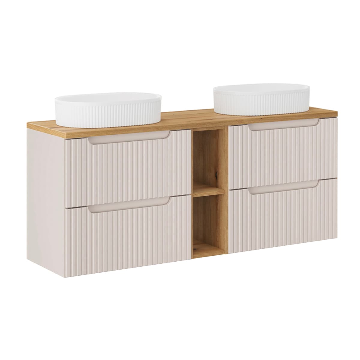 Meuble double vasque 140cm 4 tiroirs 2 niches Riva Cachemire et Bois
