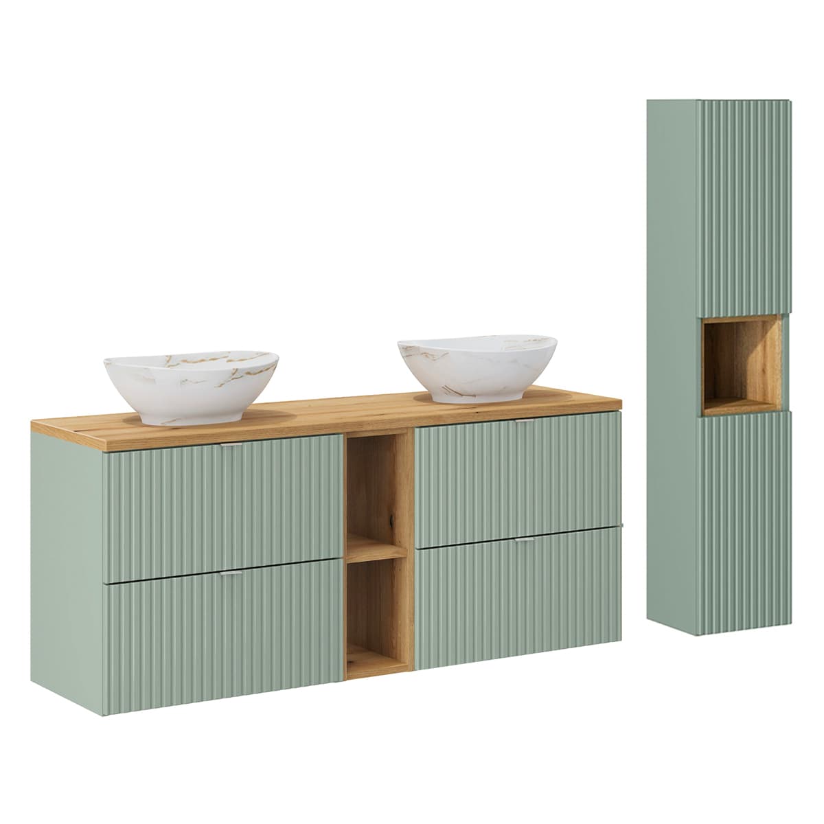 Ensemble meuble double vasque 140cm 4 tiroirs 2 niches et colonne Jade Vert et Bois
