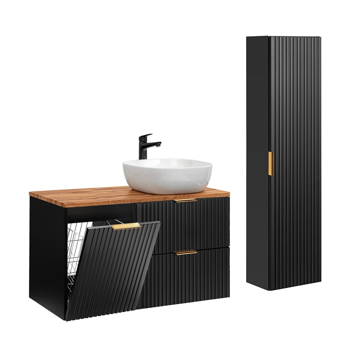 Ensemble meuble simple vasque 100cm panier à linge et colonne Adriel Noir et Bois