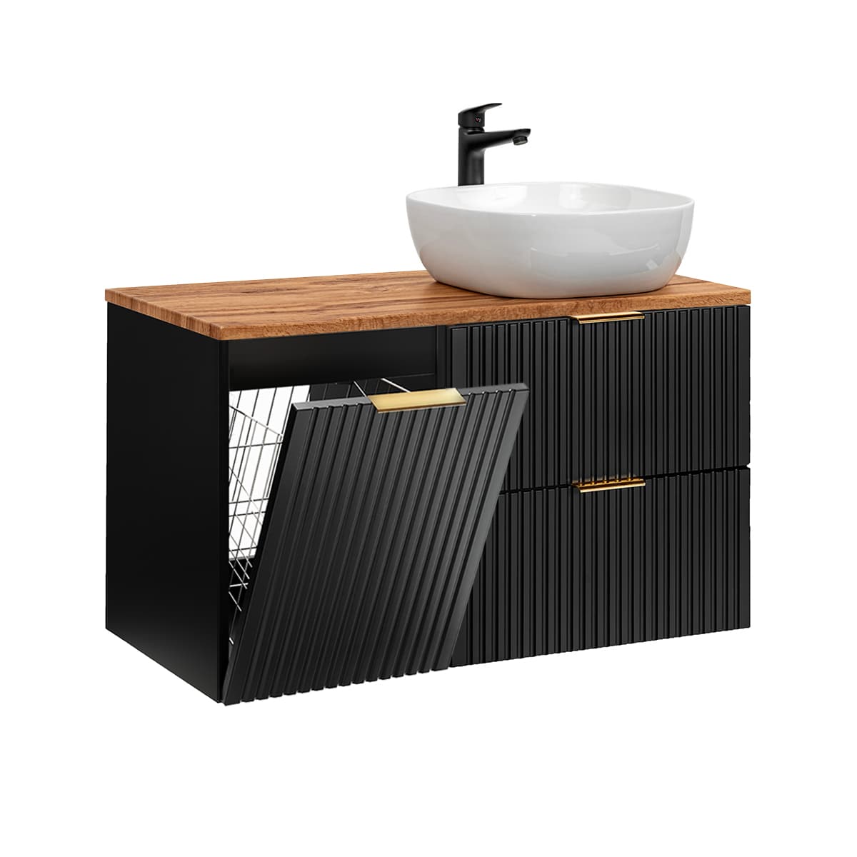 Meuble simple vasque 100cm panier à linge Adriel Noir et Bois