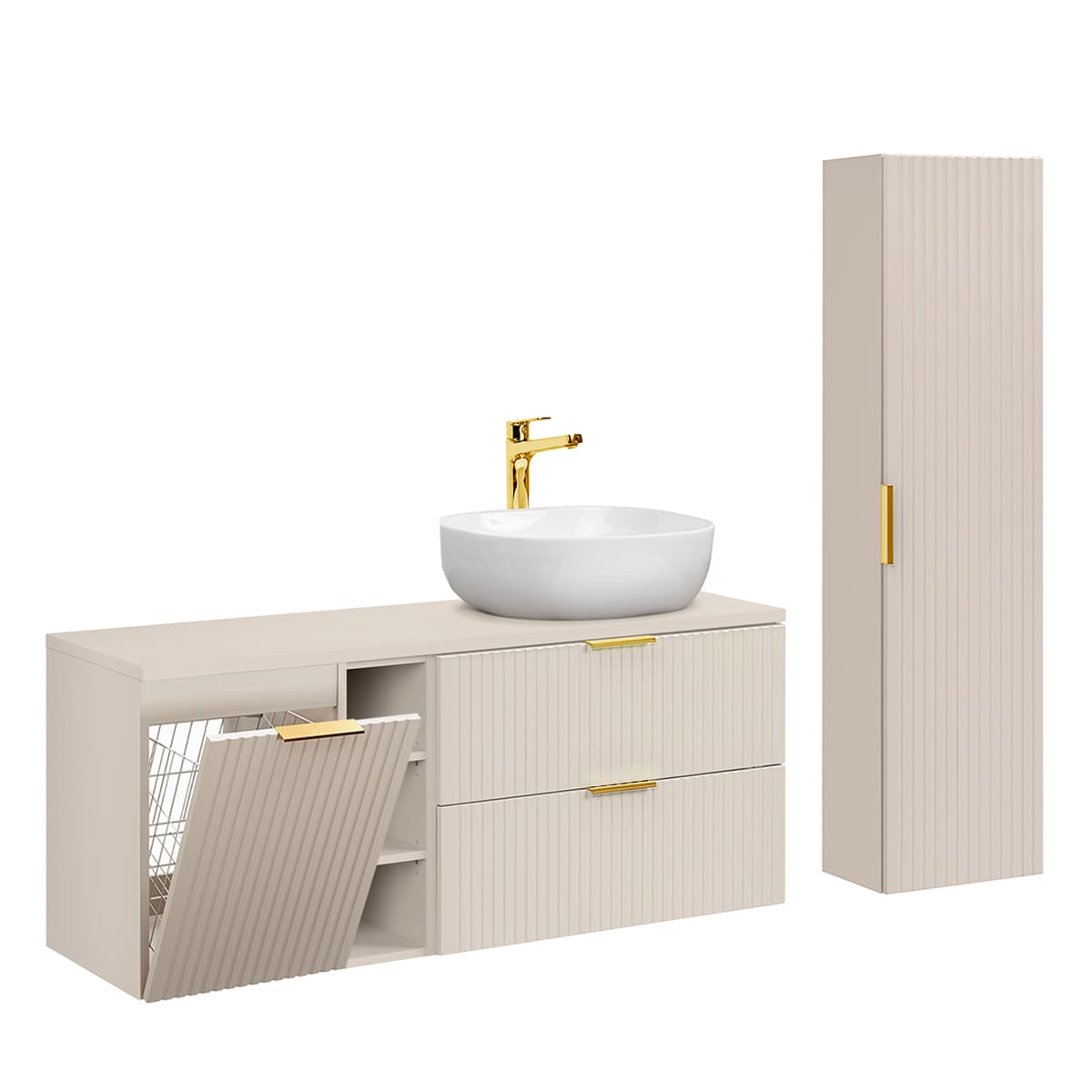 Ensemble meuble simple vasque 140cm 3 niches panier à linge et colonne Adriel Cachemire