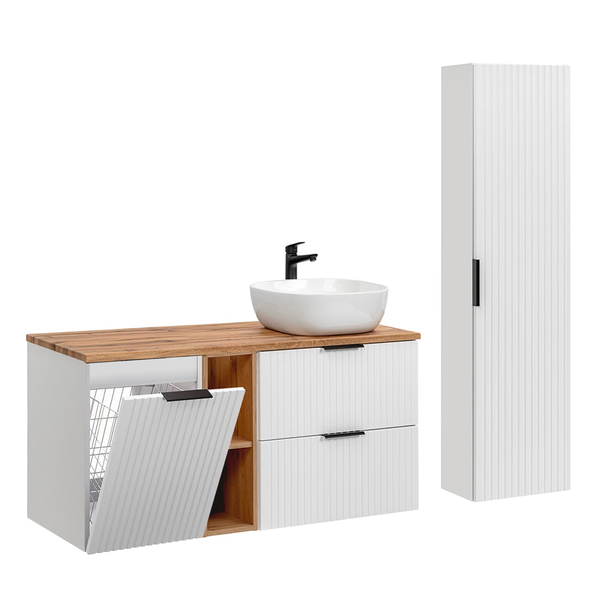 Ensemble meuble simple vasque 120cm 2 niches panier à linge et colonne Adriel Blanc