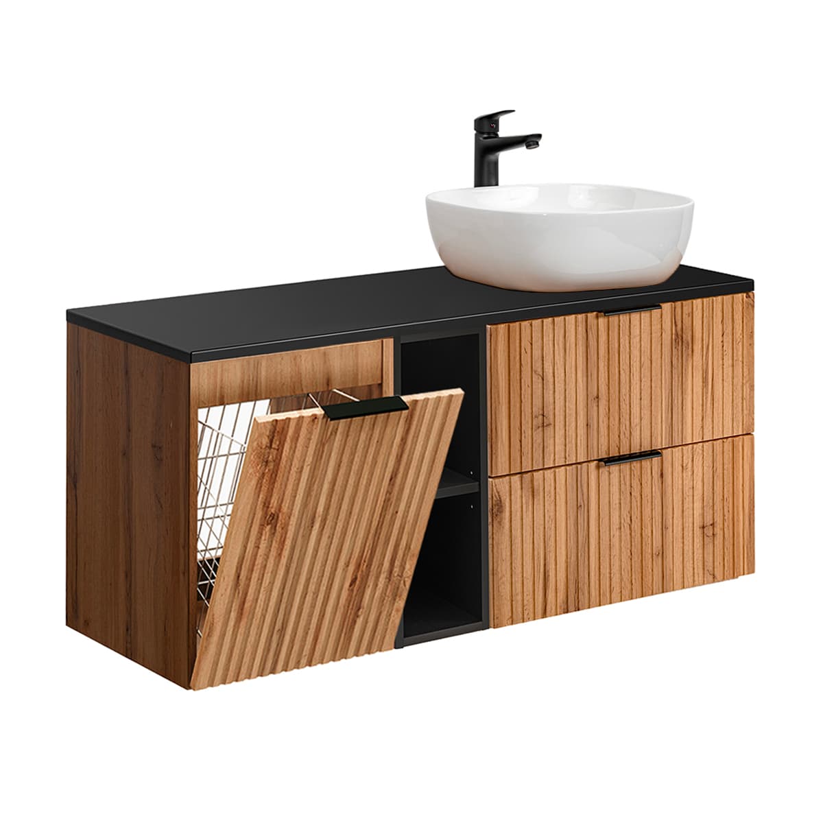 Meuble simple vasque 120cm 2 niches panier à linge Adriel Bois et Noir