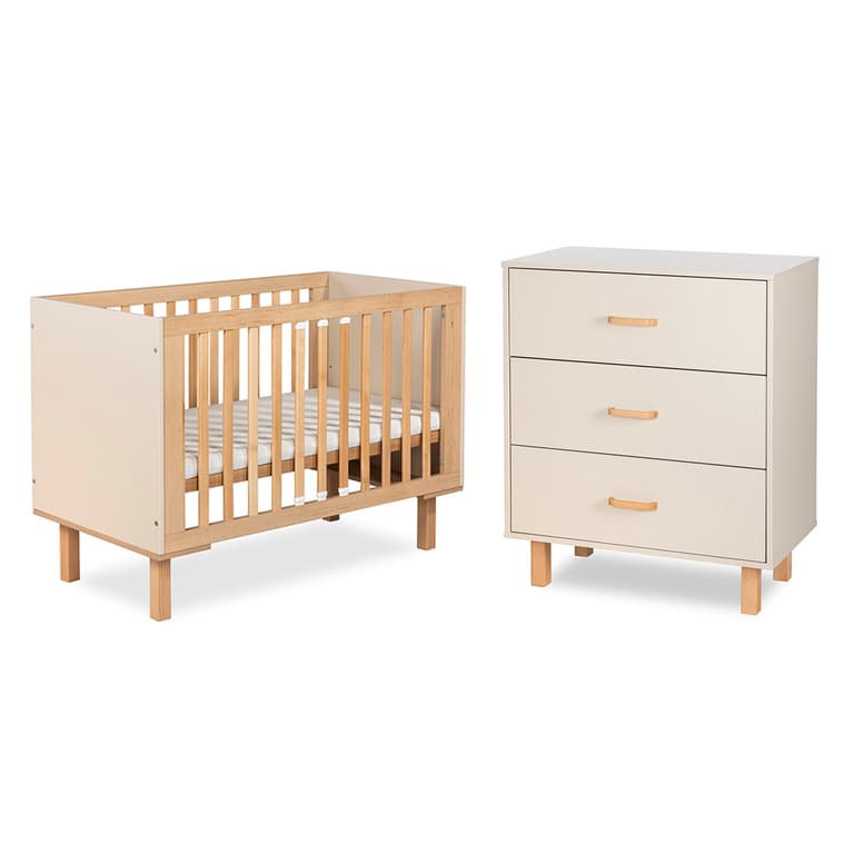 Lit évolutif 60x120 et commode 3 tiroirs Littlesky by Klups Laura Champagne et Bois
