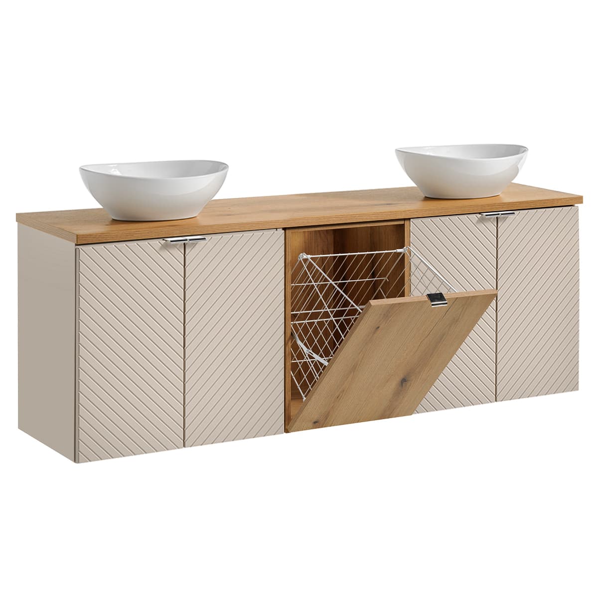 Meuble double vasque 160cm 4 portes panier à linge Manoa Cachemire et Bois