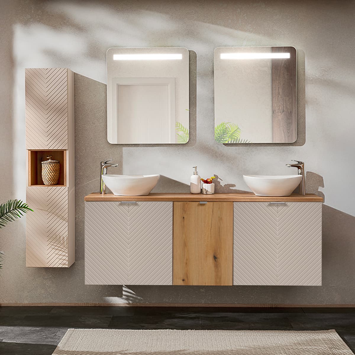 Ensemble meuble double vasque 160cm 4 portes panier à linge et colonne Manoa Cachemire et Bois