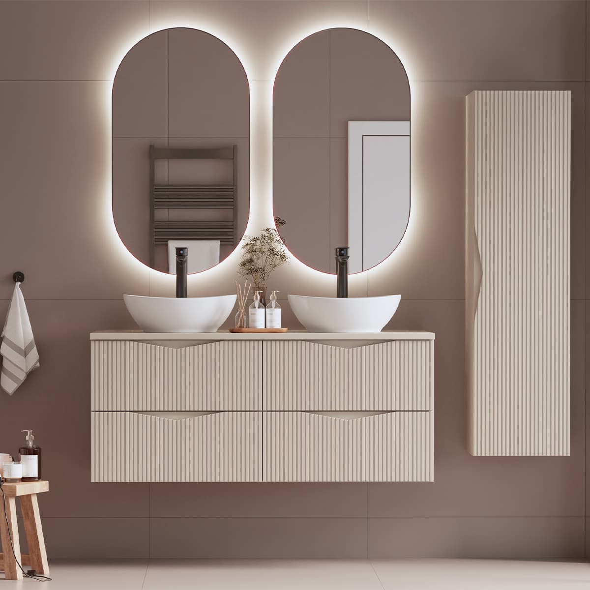 Ensemble meuble double vasque 120cm et colonne Tao Cachemire