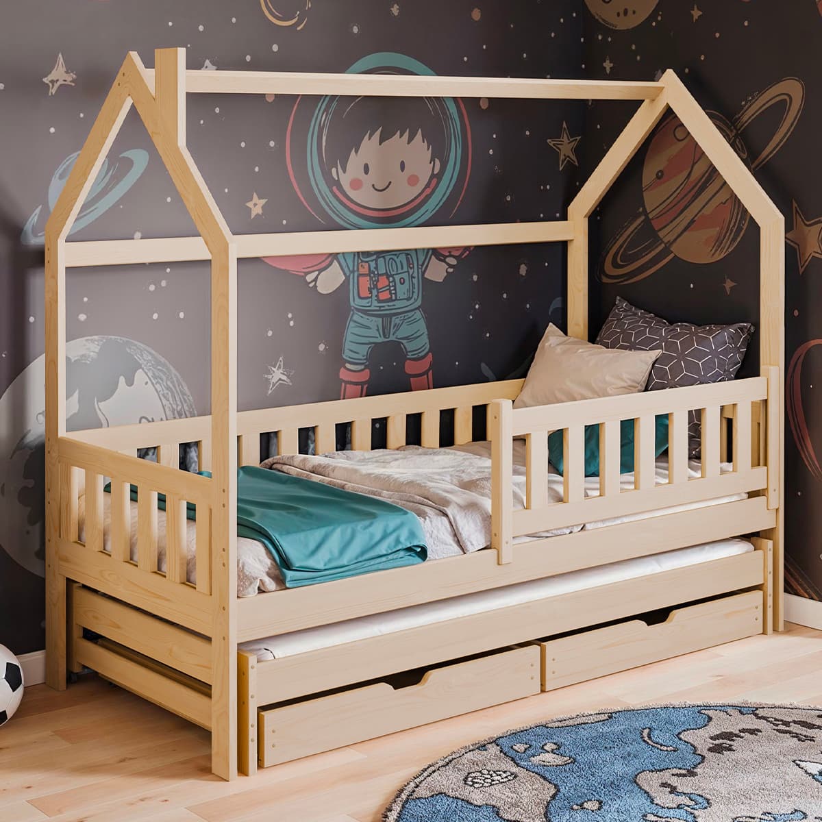 Lit cabane 90x190 sommiers lit gigogne et tiroirs Eliott Bois