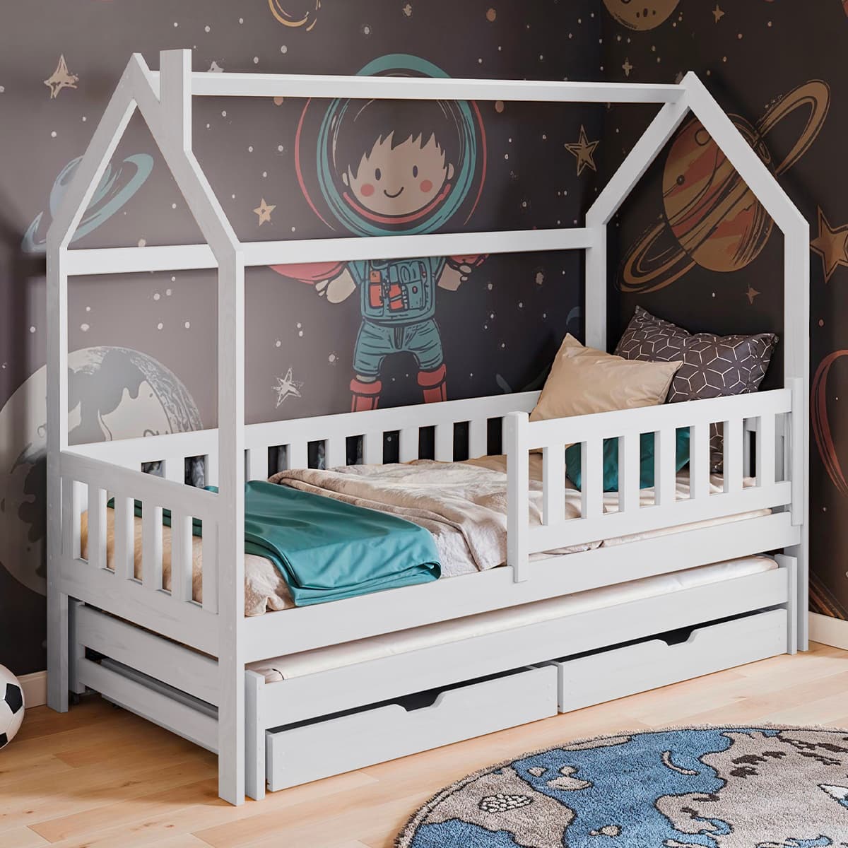 Lit cabane 90x200 sommiers lit gigogne et tiroirs Eliott Blanc