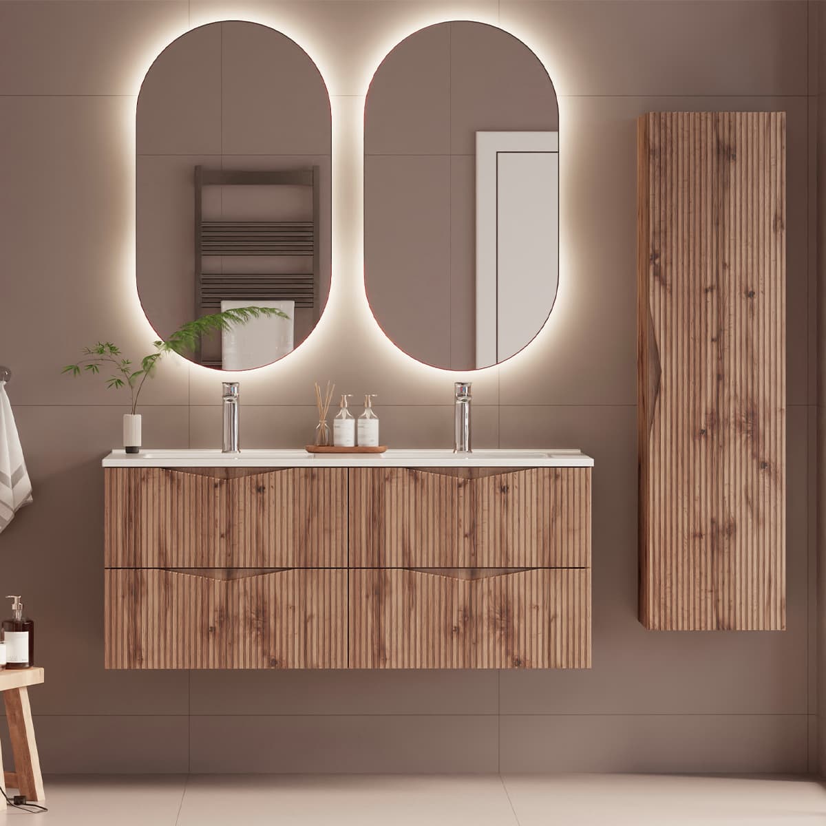 Ensemble meuble double vasque encastrée 120cm et colonne Tao Bois