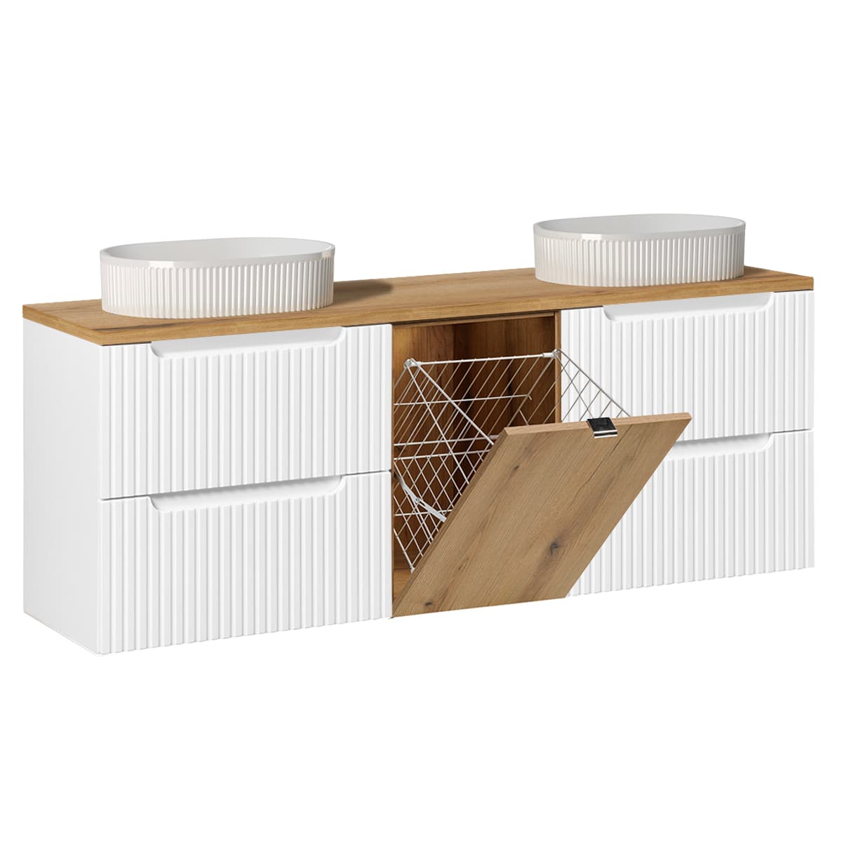 Meuble double vasque 160cm panier à linge Riva Blanc et Bois