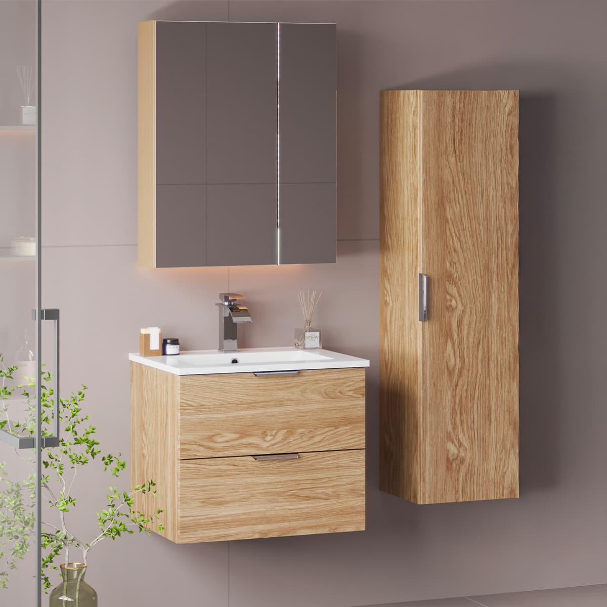 Ensemble meuble simple vasque encastrée 60cm et colonne Astrid Bois