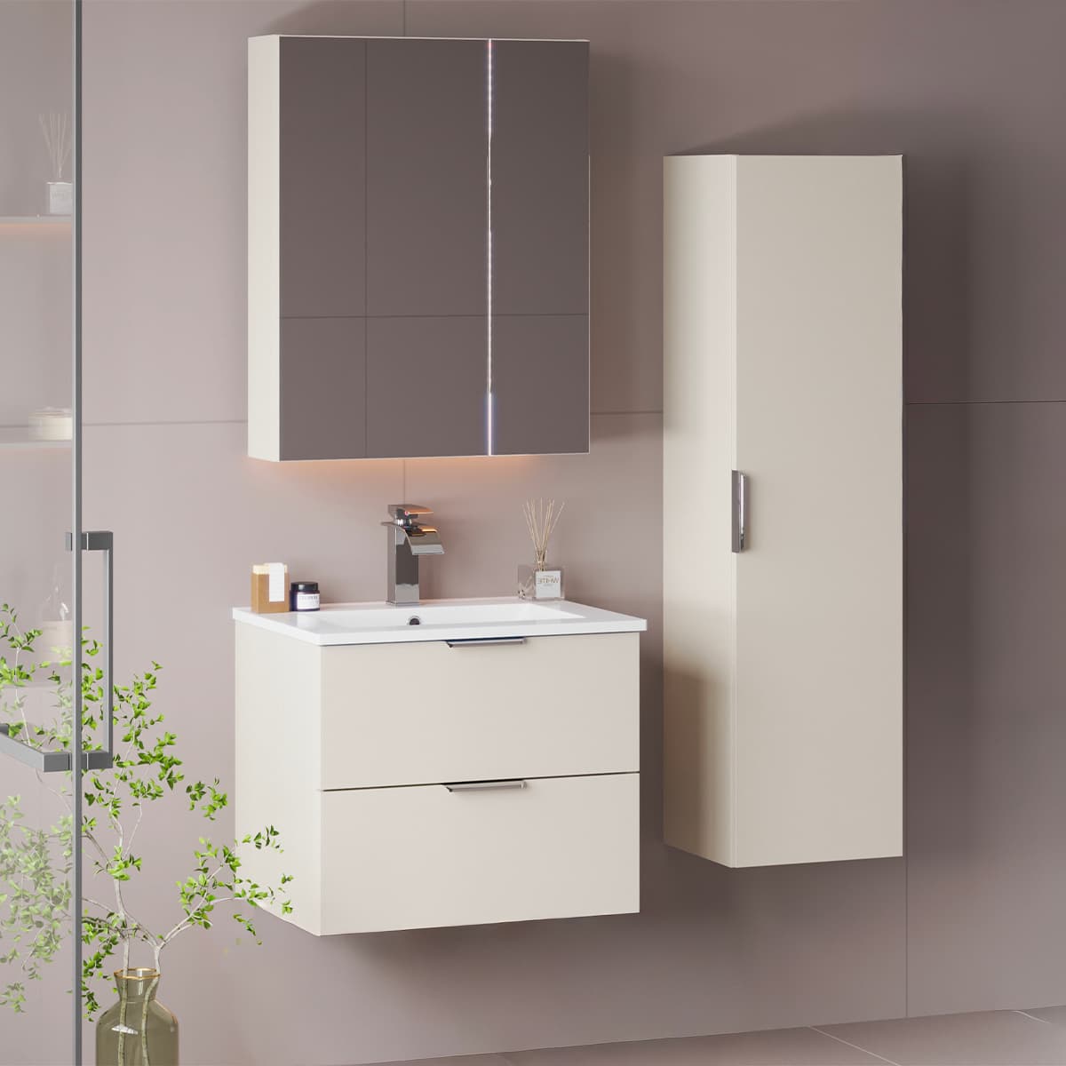 Ensemble meuble simple vasque encastrée 60cm et colonne Astrid Cachemire