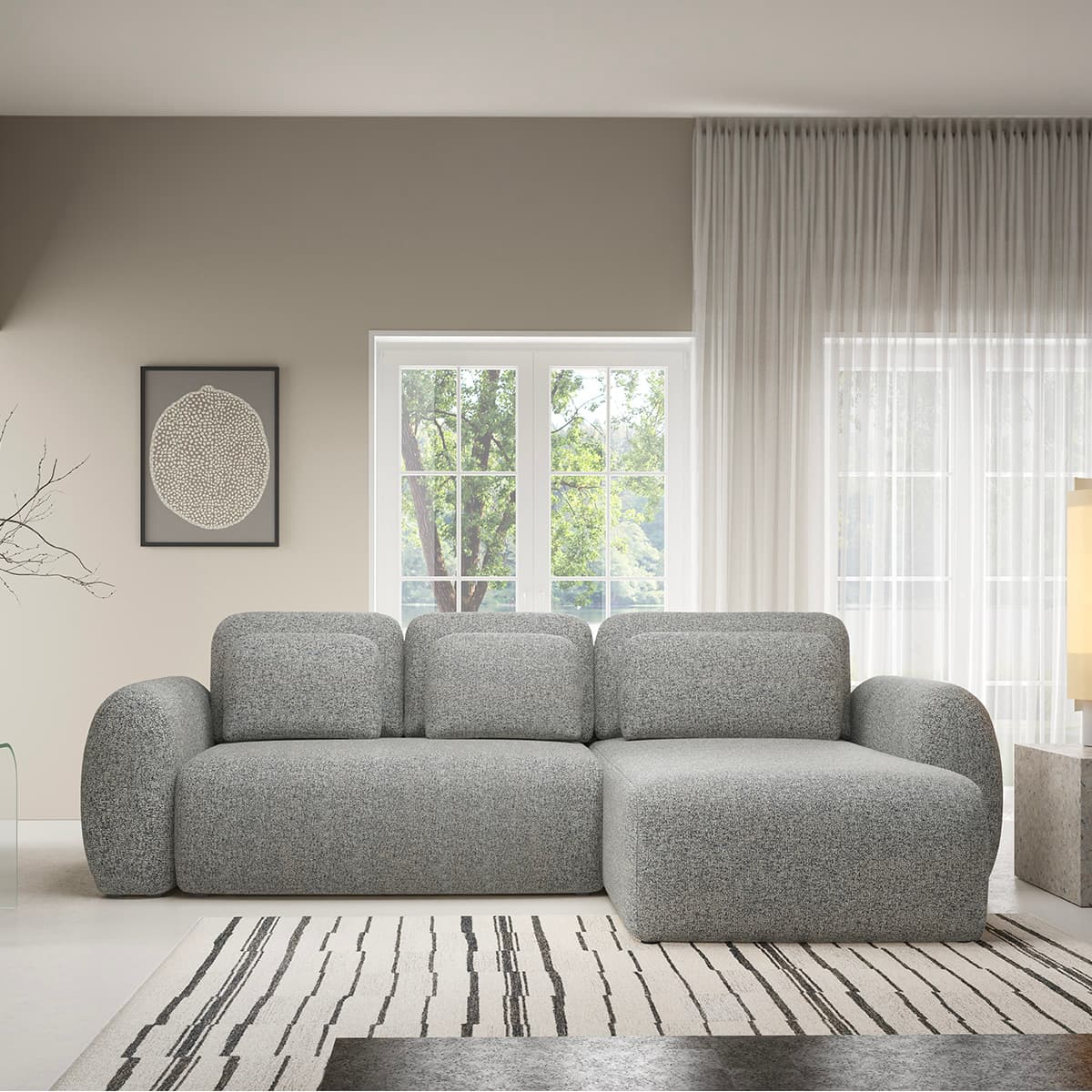 Canapé d'angle réversible et convertible 3 places avec coffre Carmela Gris