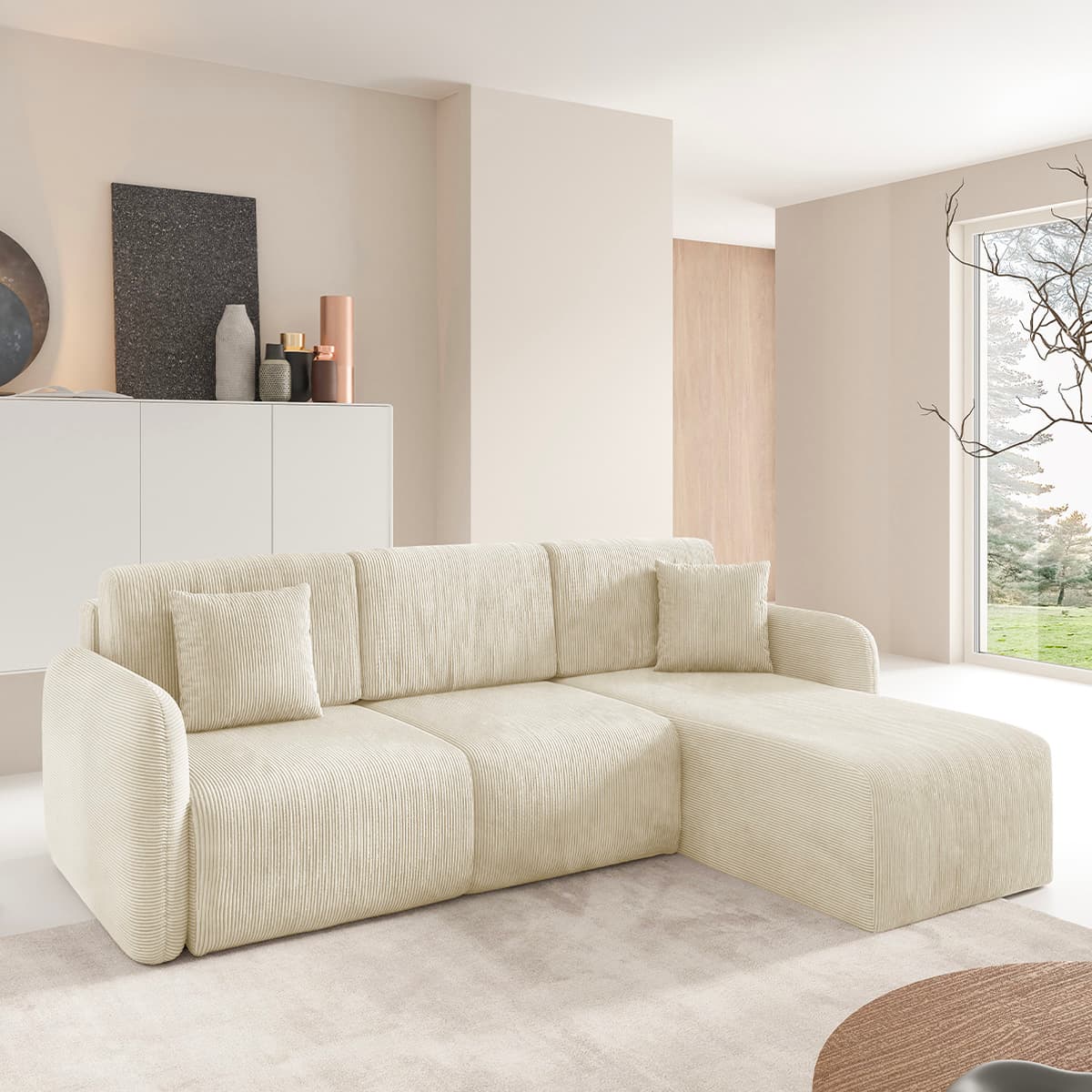 Canapé d'angle réversible et convertible 3 places avec coffre Dora Beige