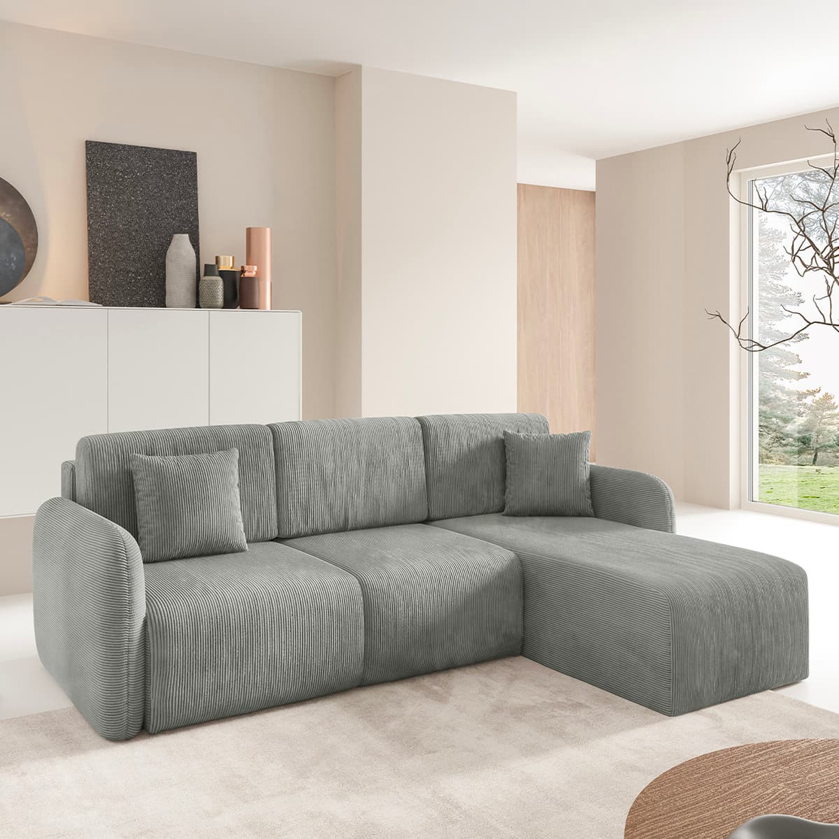 Canapé d'angle réversible et convertible 3 places avec coffre Dora Gris clair