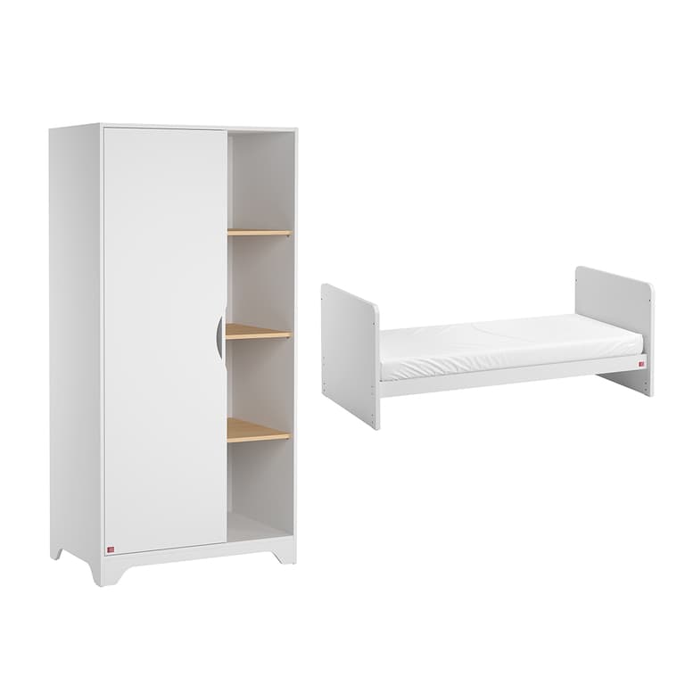 Lit bébé évolutif et Armoire 1 porte Vox Leaf Blanc et bois