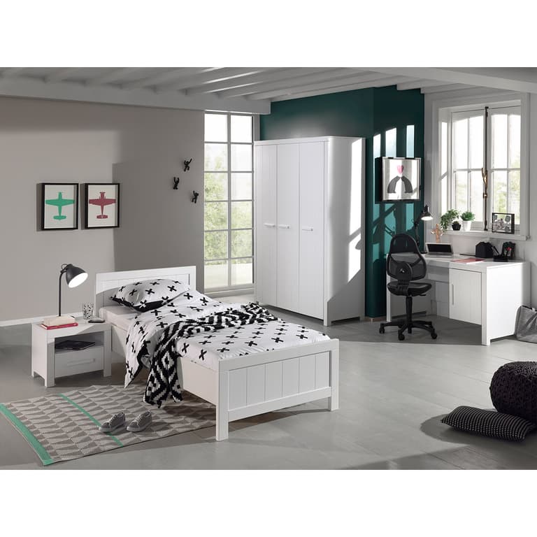 Lit 90x200 - Chevet 1 tiroir - Armoire 3 portes et Bureau Vipack Erik - Blanc