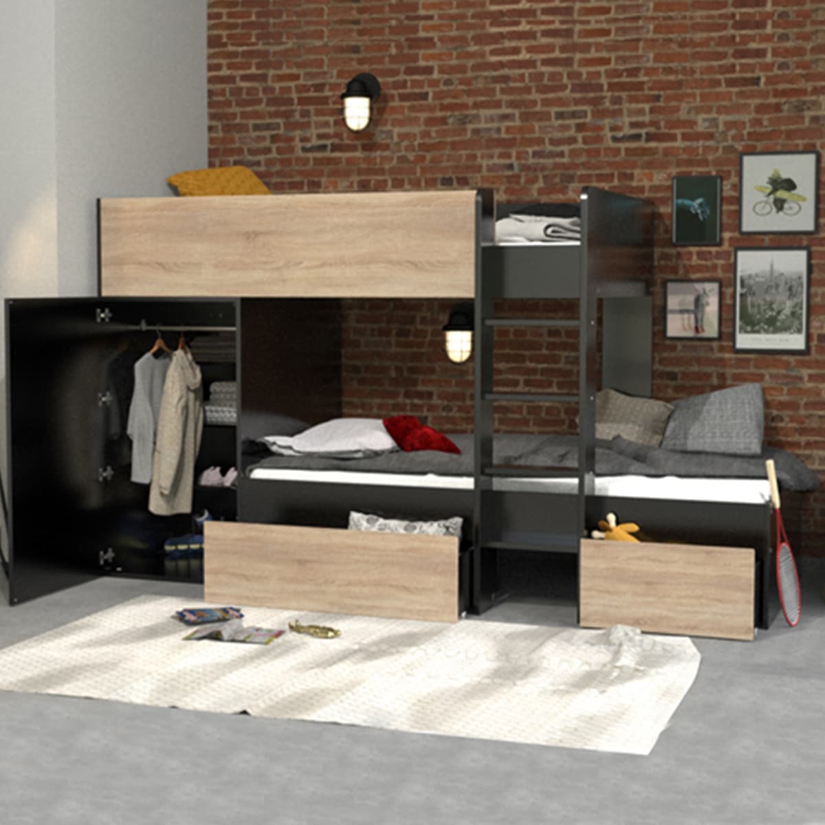 Lit superposé 90x190 - armoire - tiroirs - 2 sommiers - Weber Industries Twin Noir et bois