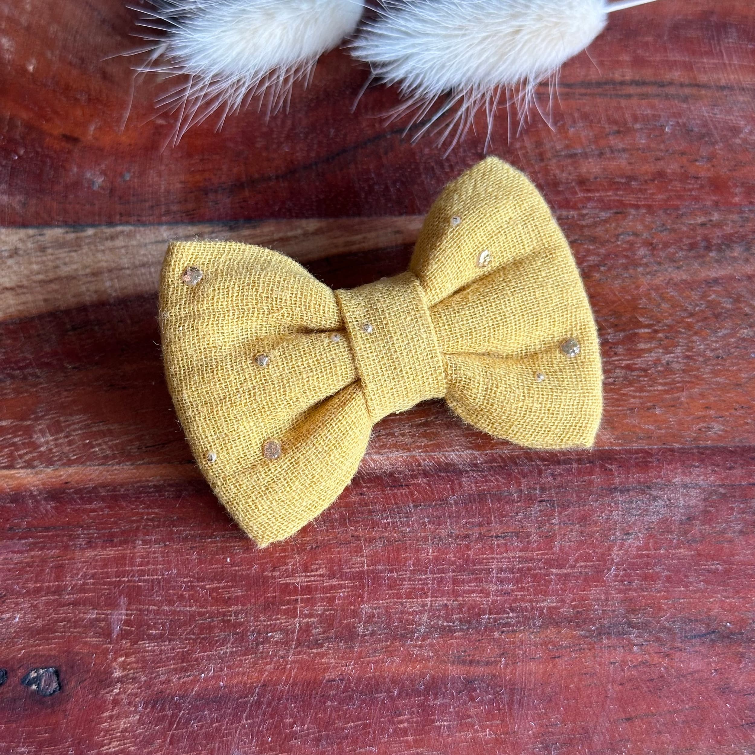 Barrette anti glisse double gaze coton moutarde pois or