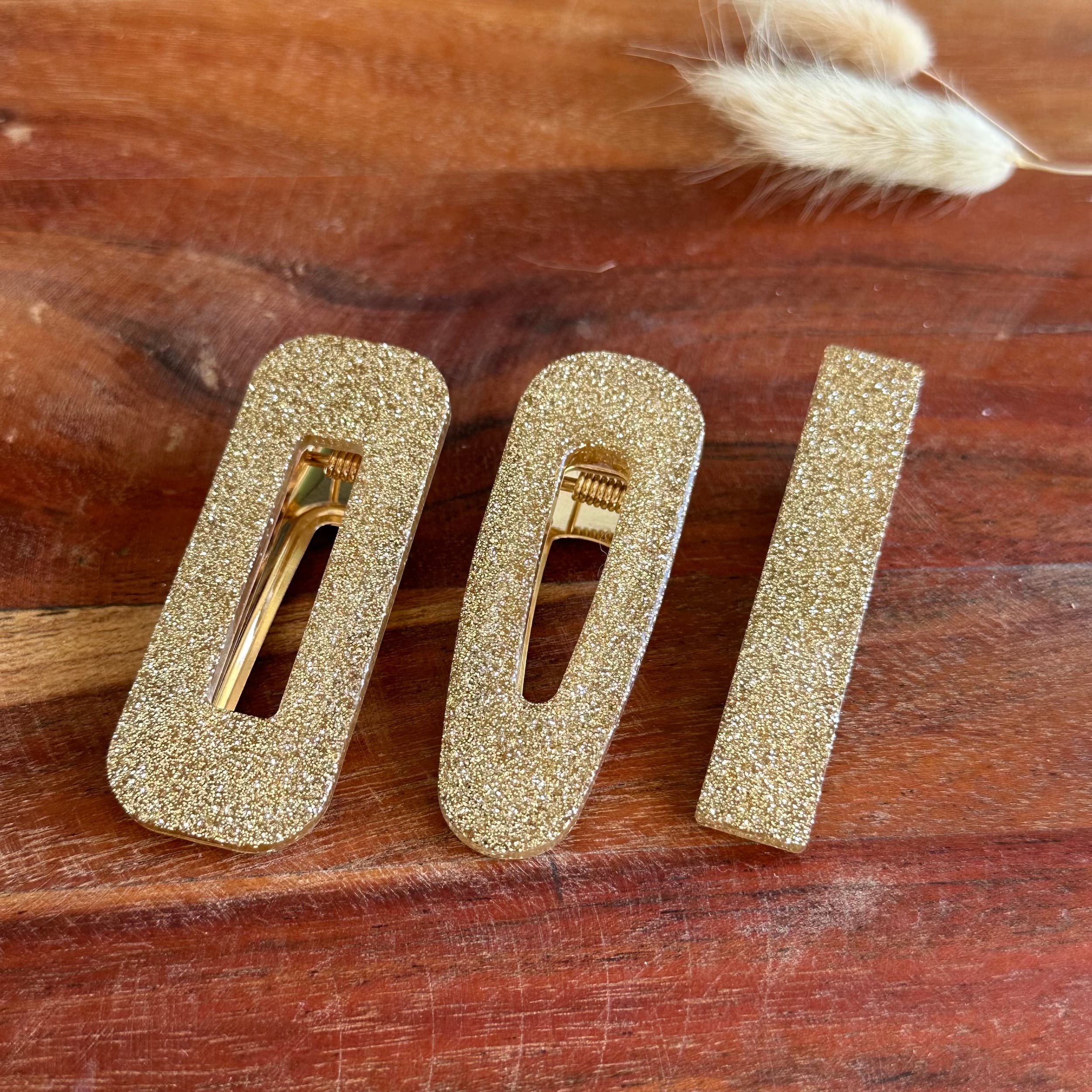 barrette résine paillette fine or