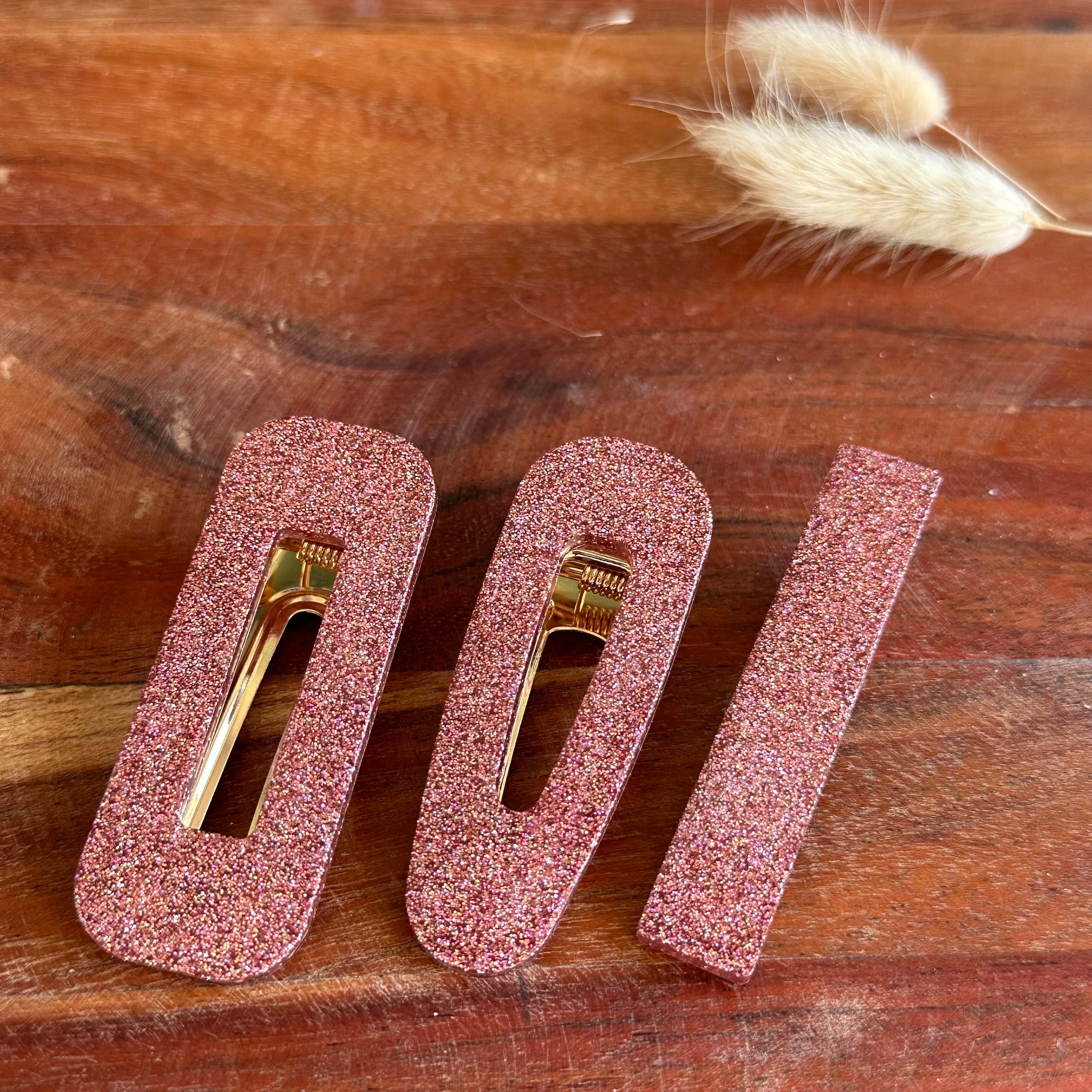 barrette résine paillette fine rose or
