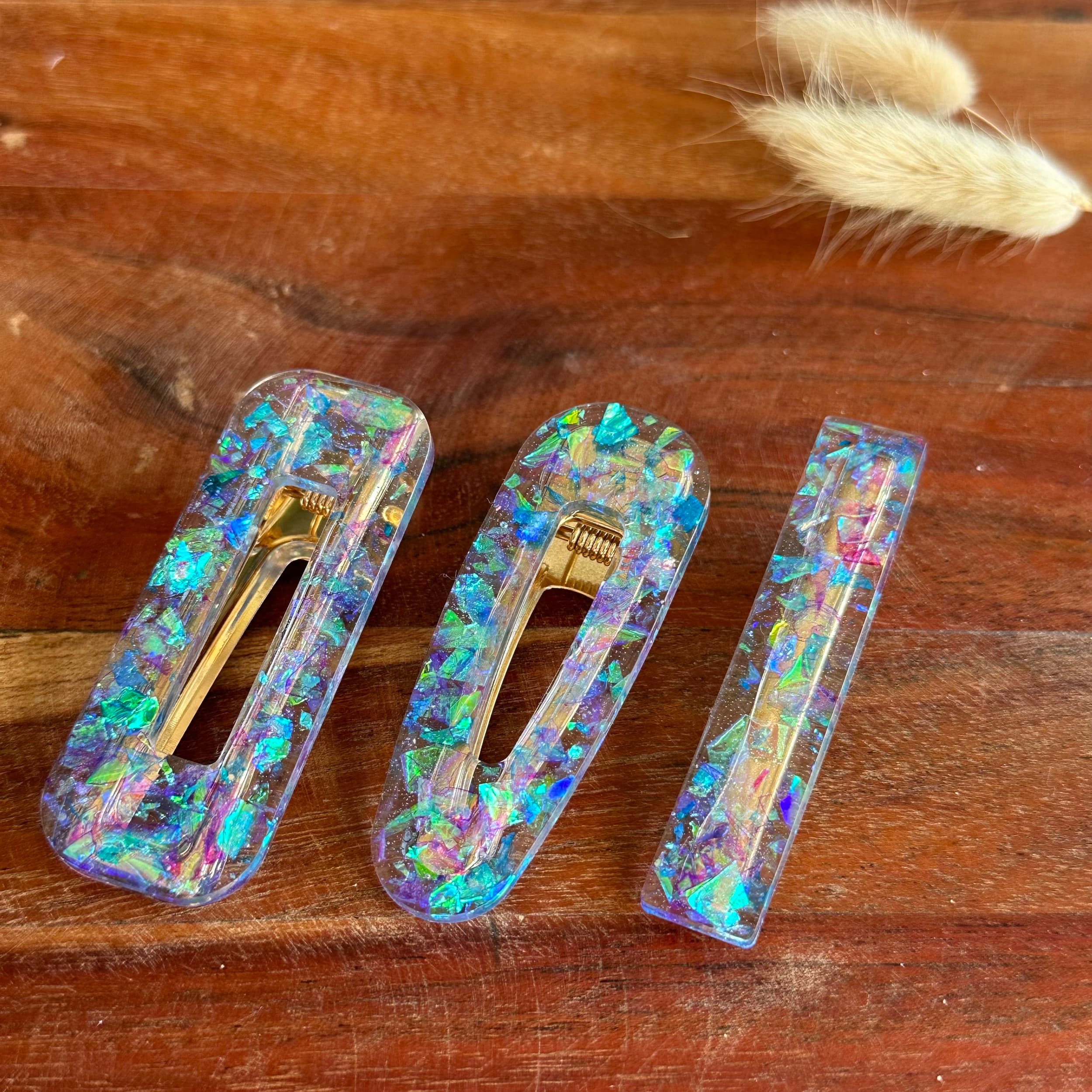 barrette résine paillette flocon parme