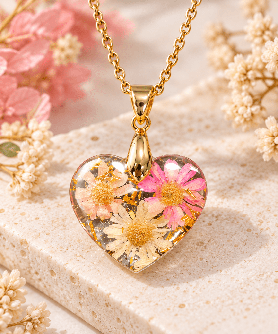 Collier fleur avec pendentif cœur en résine
