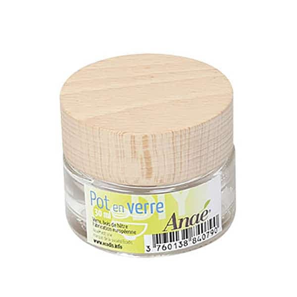Pot en verre et couvercle hêtre 30 ml