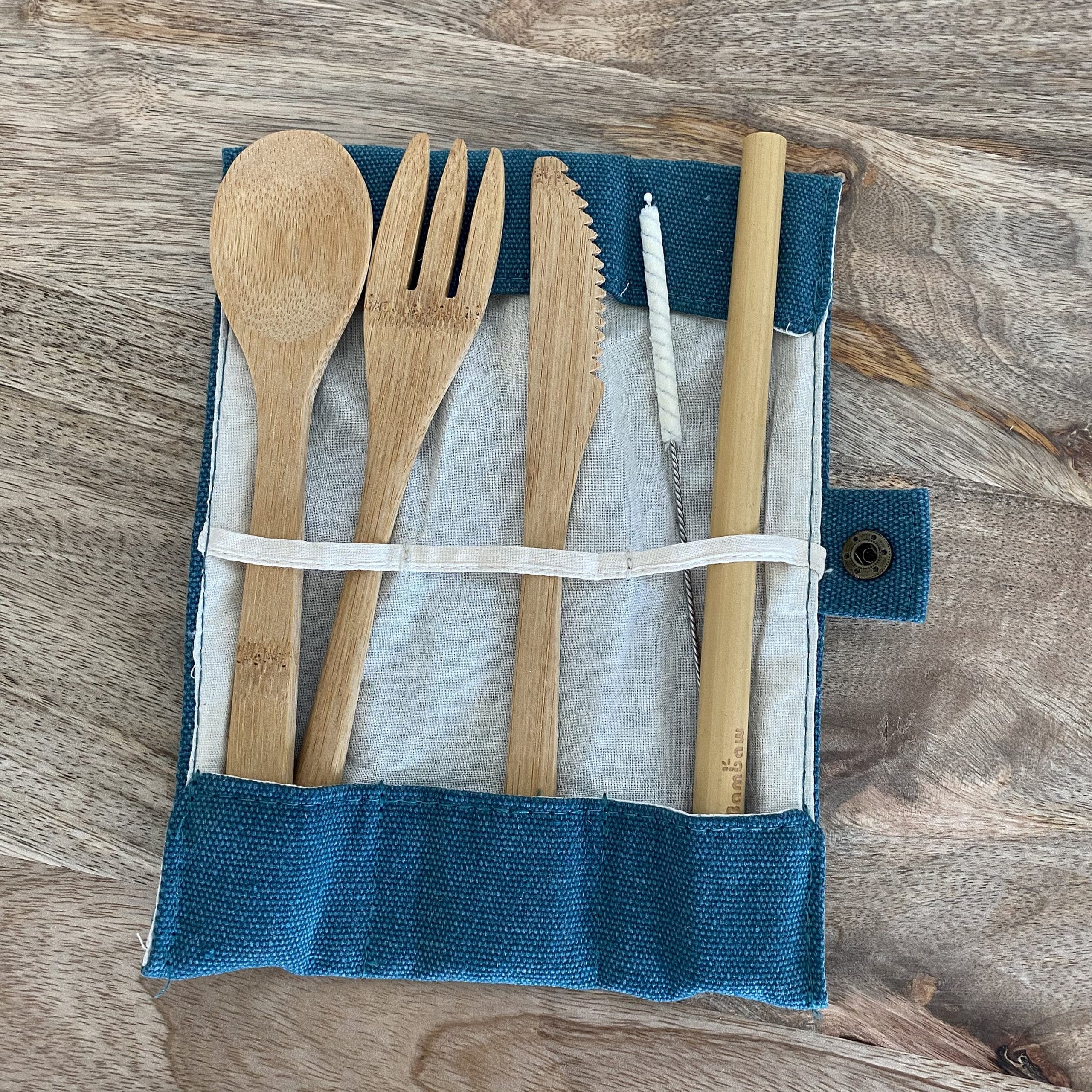 Set de couverts en bambou réutilisables bleu lagoon