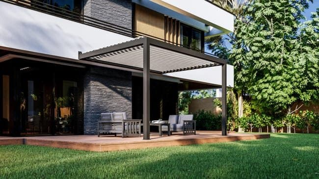 Pérgola bioclimática adosada Génova 4.06x3.12 m gris con lamas en blanco