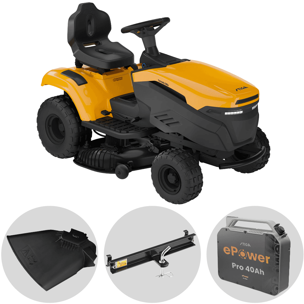 Stiga Tornado 398e - Kit Tractor cortacésped con 1 módulo batería ePower Pro 56 V/40 Ah - Salida lateral y mulching