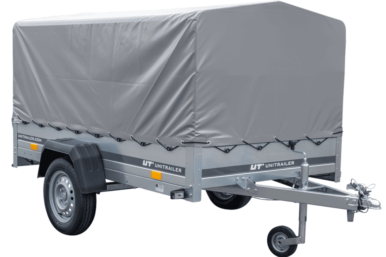 Autoanhanger Einachsanhänger 230x125 UNITRAILER GARDEN 230 FD mit H-800-Rahmen und grauer Plane