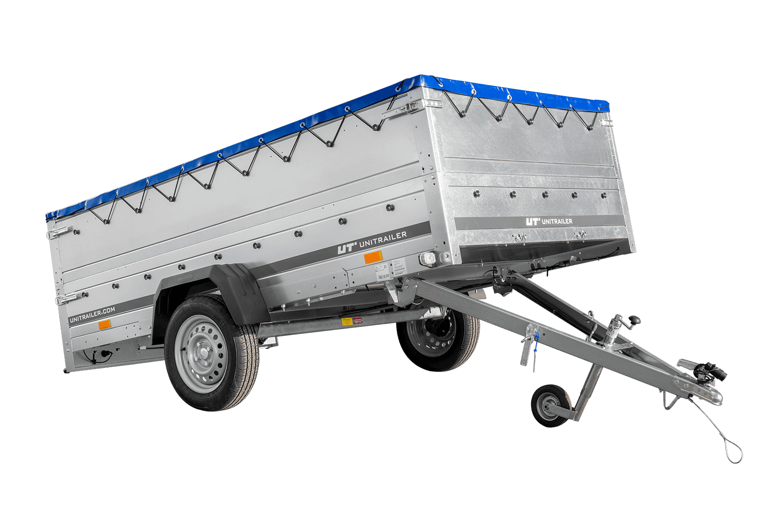 Autoanhanger Einachsanhänger 264x150 UNITRAILER GARDEN 265 KIPP mit zusätzlichen Bordwänden, H-0-Rahmen und blauer Plane