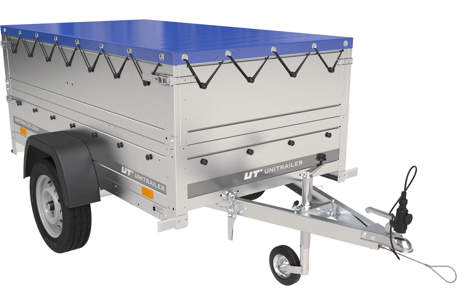 Autoanhanger Gartenanhänger 200 Kipp mit Stützrad, zwei Seitenwänden, H-0-Rahmen und blauer Plane