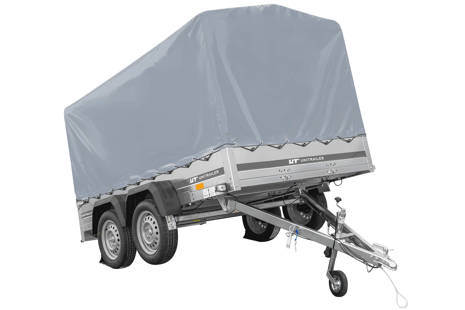 Autoanhanger Zweiachsanhänger 264x150 UNITRAILER GARDEN 265/2 KIPP mit Rahmen H-1100 und grauer Plane