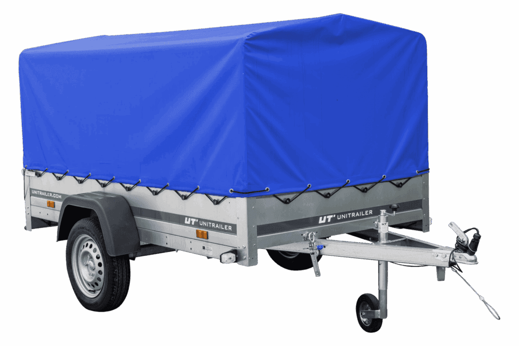 Auto Anhänger 230×125 Garden Trailer 230 KIPP Unitrailer 750 kg mit Stützrad, blauer Hochplane und Hochspriegel