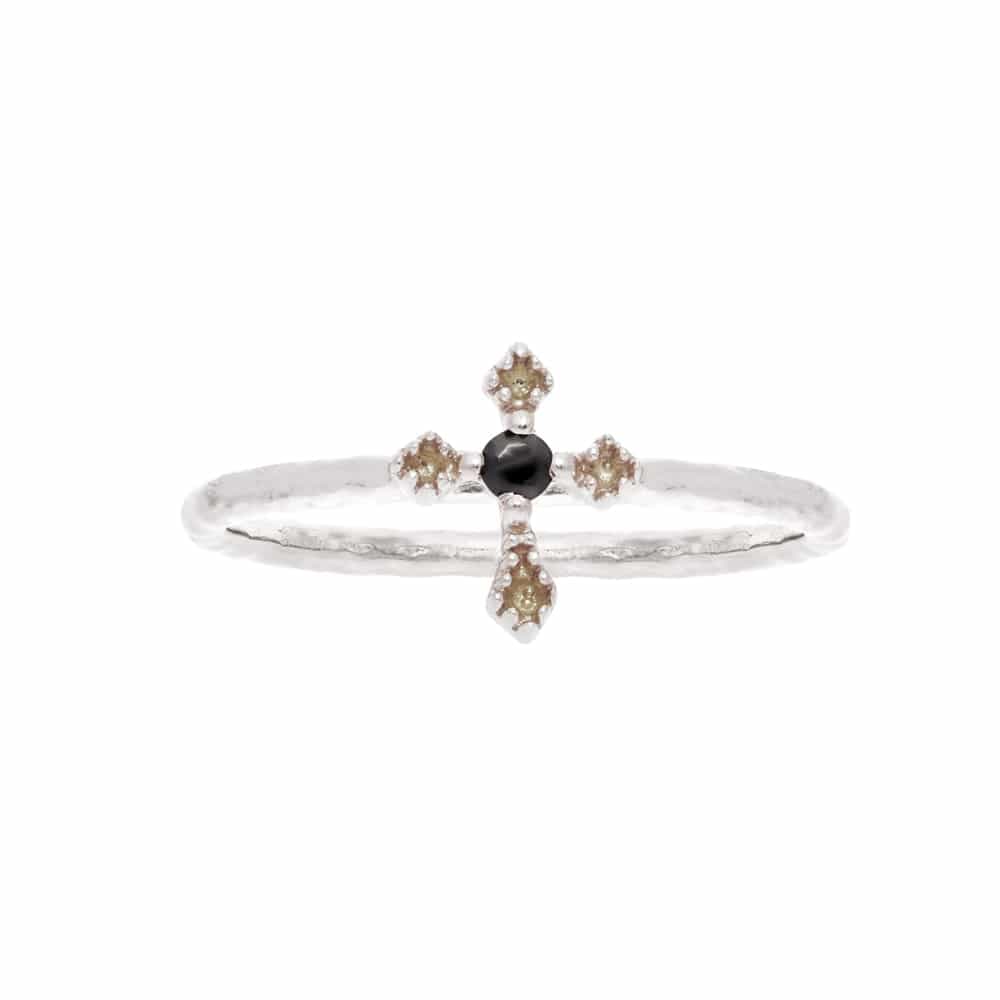 Bague argent rhodié croix du sud noir