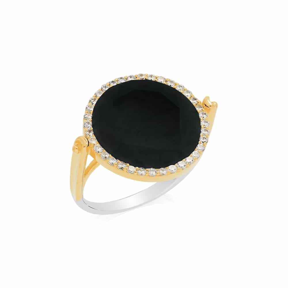 Bague disque argent doré pierre noir serti blanc