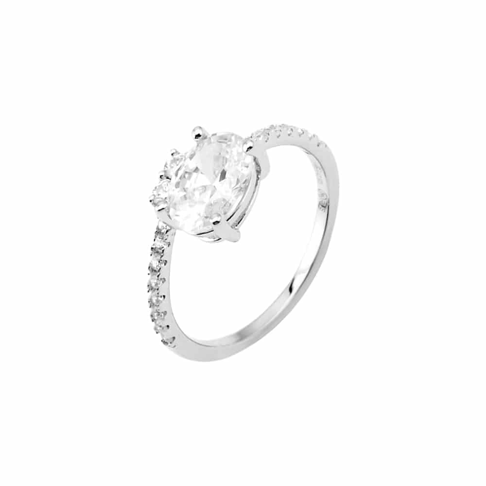 Bague argent solitaire sertie pierre blanche