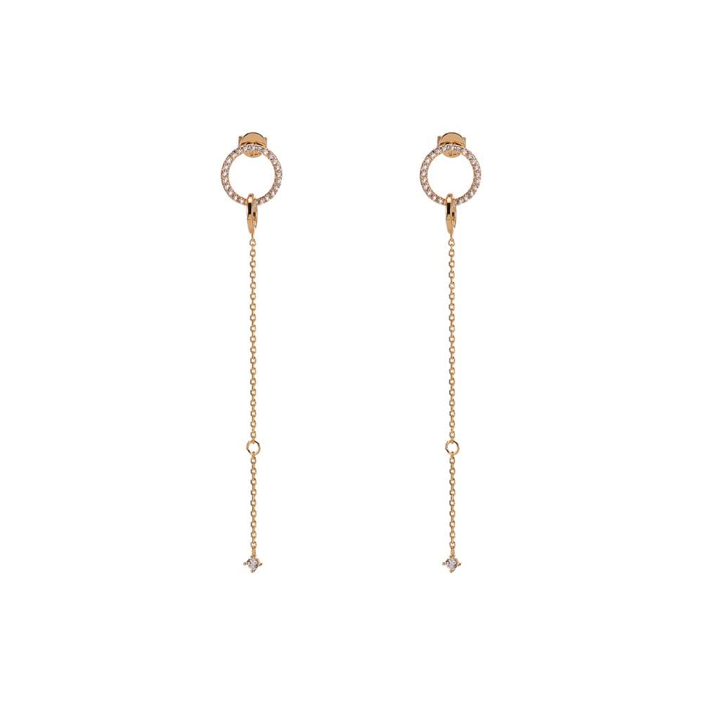 Boucles d'oreilles argent doré chaine avec rond pierre blanche