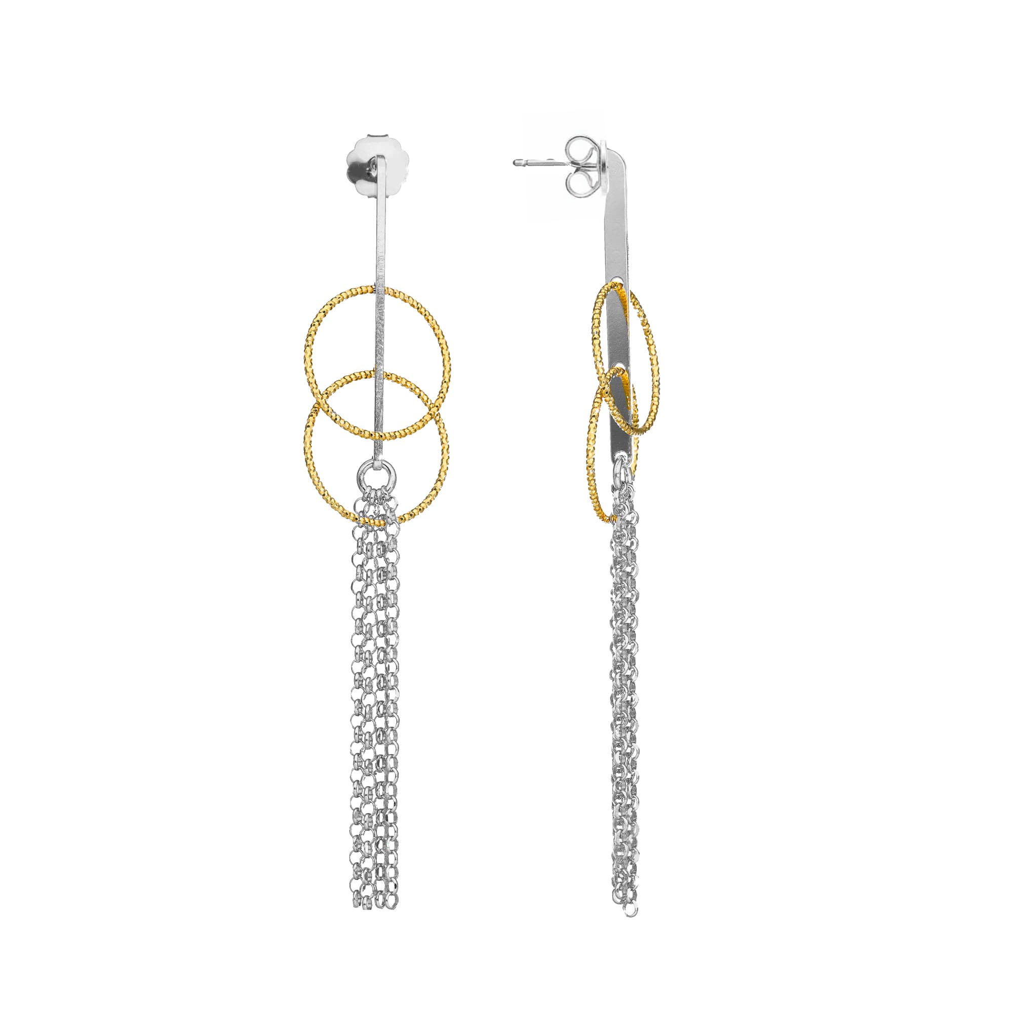 Boucles d'oreilles bicolore argent doré pendantes doubles cercles et pendant chaines