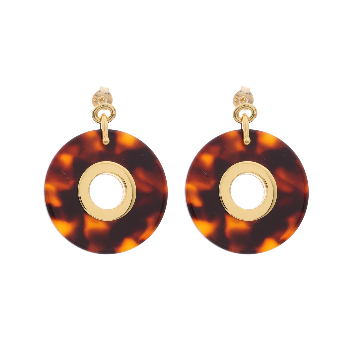 Boucles d'oreilles disque argent doré et acétate marron
